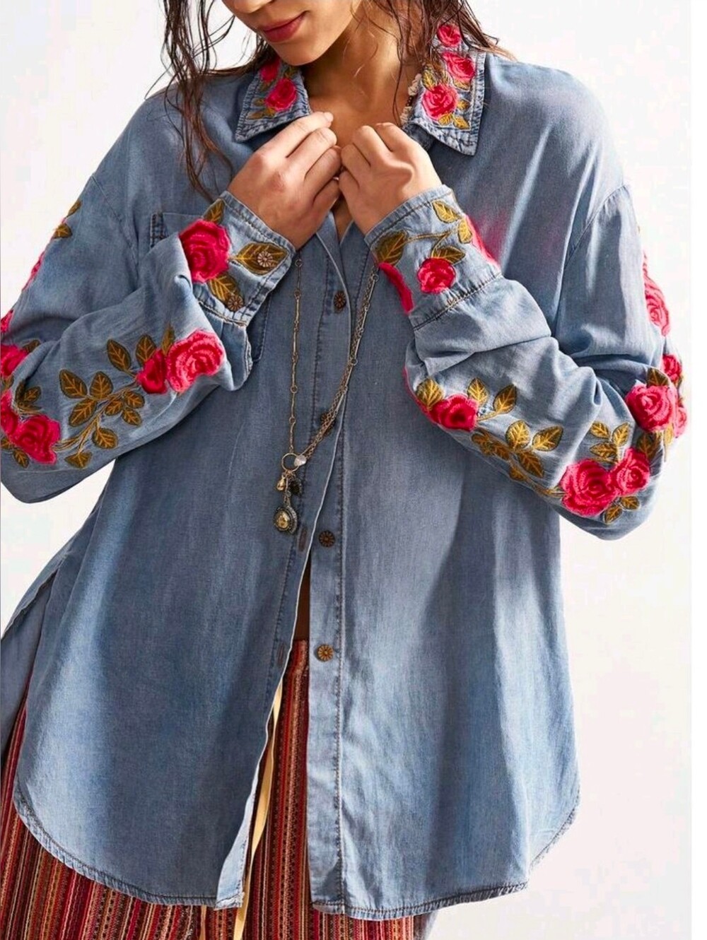 New Boho Embroidered Rose Floral Button Down Shirt Blue Denim Red Pink Green - Picture 9 of 11